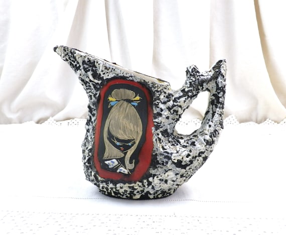 Vintage Italian Mid Century Fat Lava Studio Pottery Pitcher Jug Black and White from Rimini by Augusto Giulianelli, 60s Ceramic Vase Italy