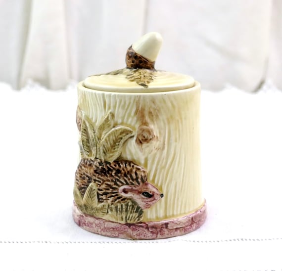 Antique English Price Kensington Woodland ware Preserve Pot with Hedgehog and Mushrooms, Retro Country Lidded Sugar Jar from England