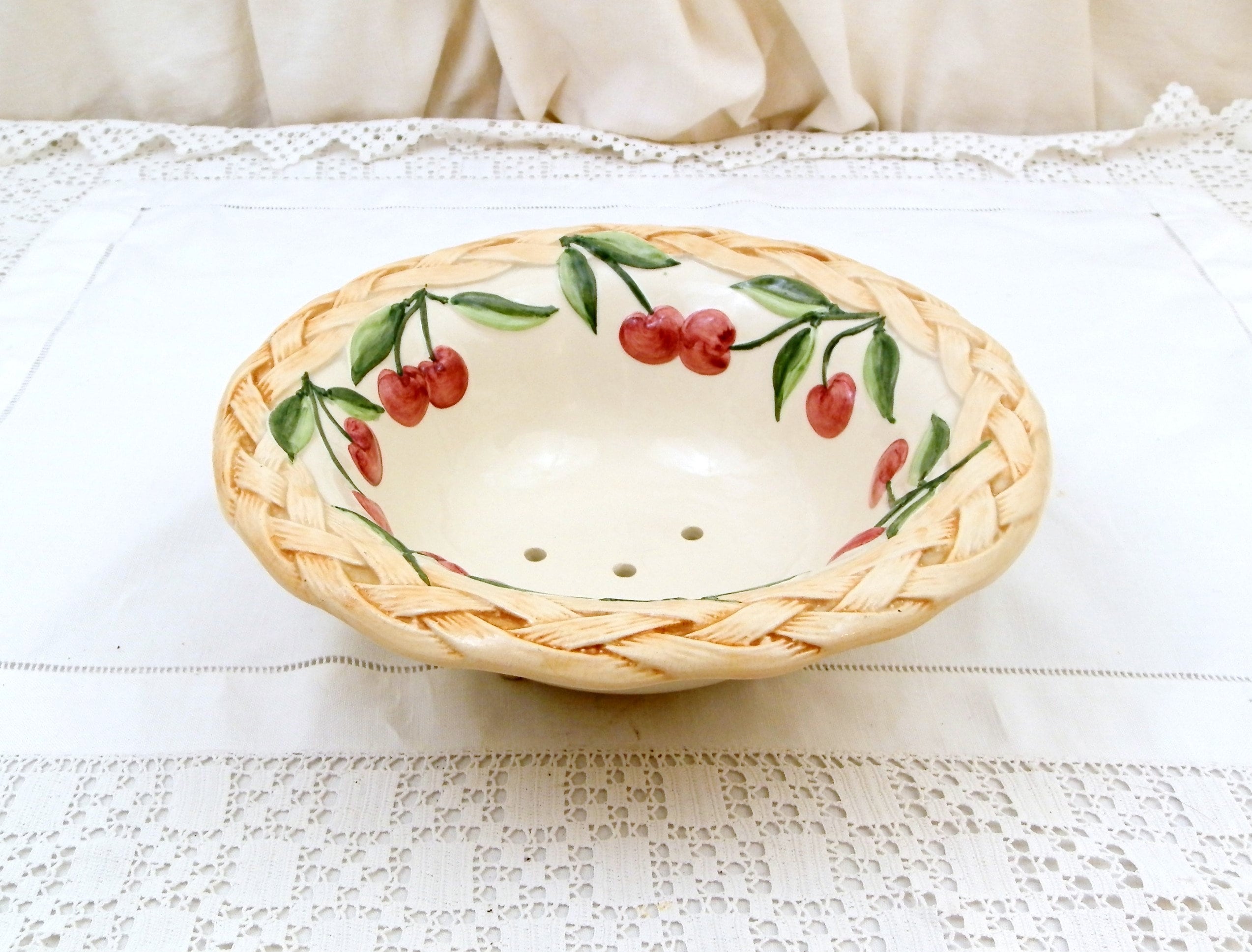 Vintage Majolica Style Pottery Berry Bowl With Cherry Pattern, China