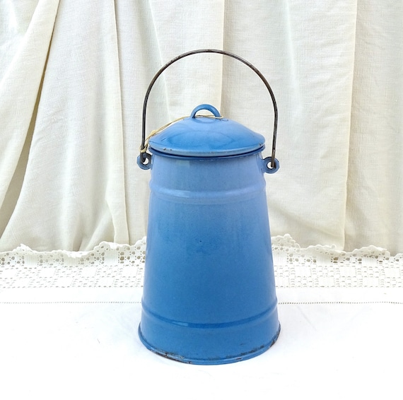 French Antique Blue Porcelain Enamel Milk Churn with Lid, Retro Country Milk Pail from France, Vintage Rustic Rural Farmhouse Kitchen Decor