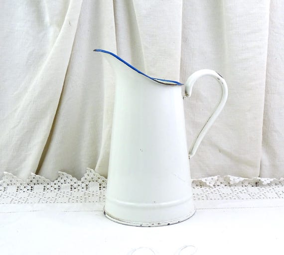 Antique French White Enamelware Pitcher, Retro Vintage Shabby Chateaucore Enamel Jug,  Farmhouse Rustic Cottagecore Shelf Chic Home Decor