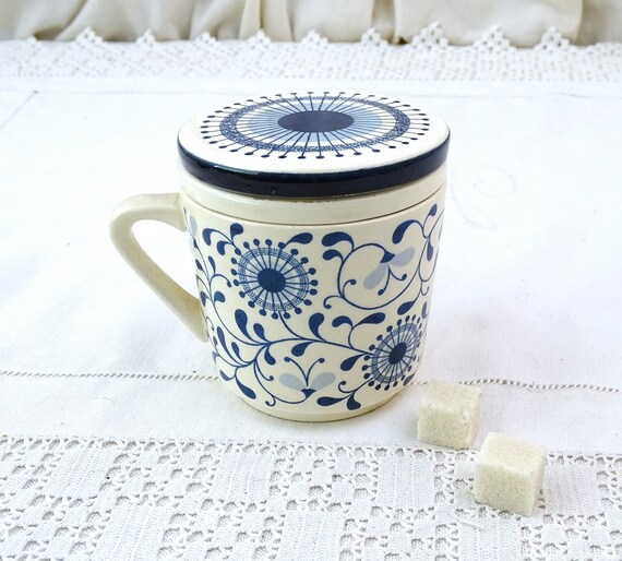 Vintage West German Waechtersbach DBGM Mid Century Ceramic Herbal Tea Infusion Mug with  Blue and White Pattern, Pottery Infuser Cup and Lid