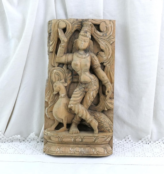 Vintage Indian Wooden Handcarved Wall Panel of Divinity Saraswati, Retro Asian Decor made of Wood, Goddess Exotic Home Interior from India