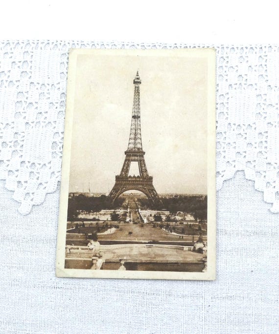 French Vintage Sepia Black and White Postcard of the Eiffel Tower, Vintage Photograph Parisian Monument, Vacation Holiday Souvenir France
