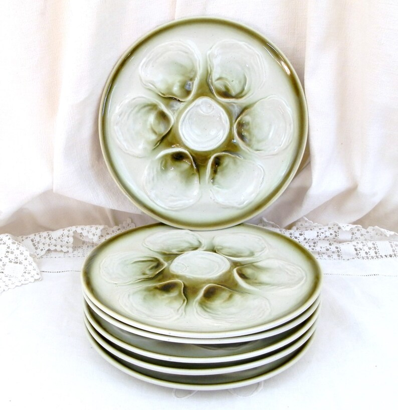 Retro 1970s Shell Fish Serving Platter 2 Matching Vintage French Green