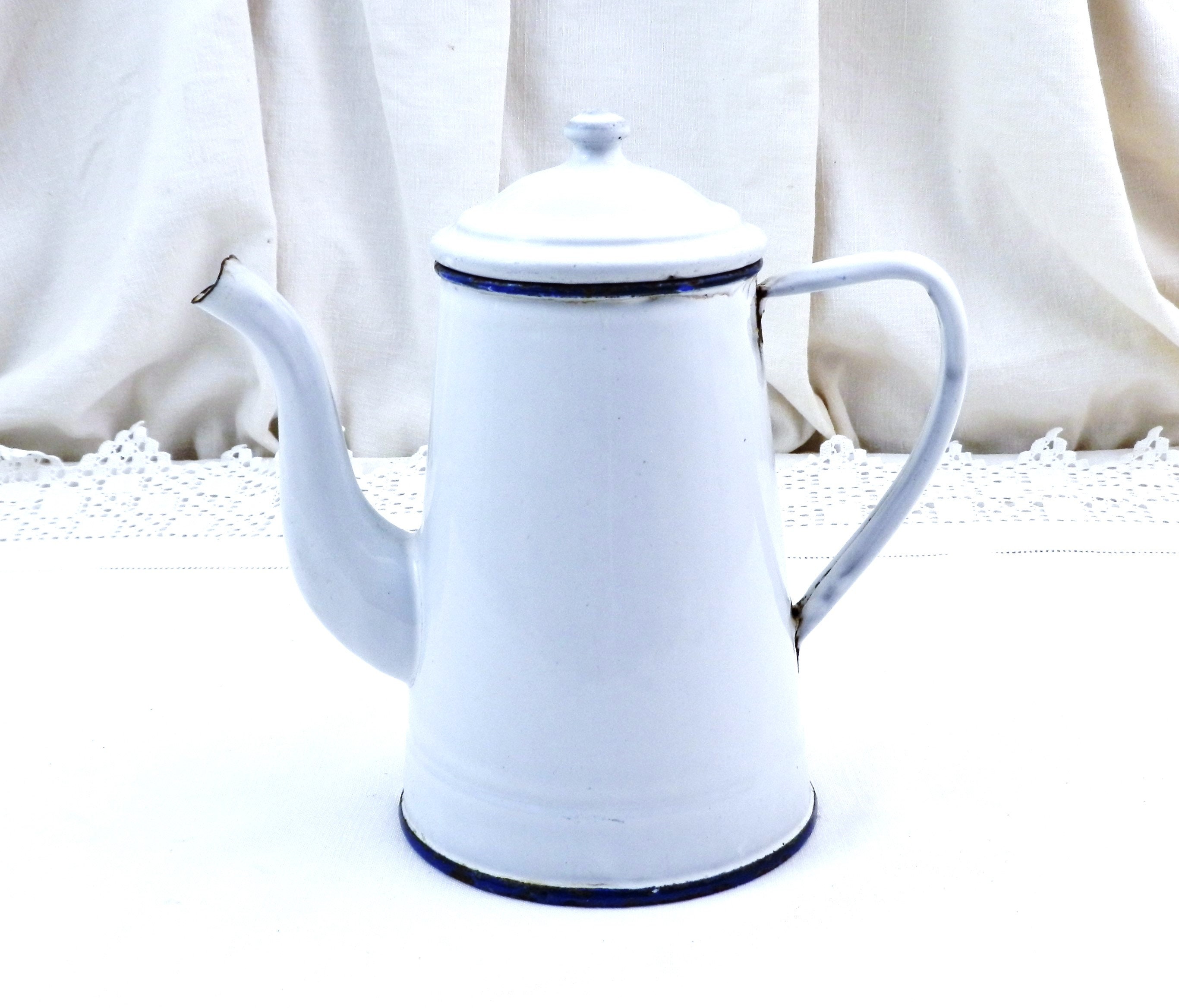 Vintage French White Enamel Porcelain Coffee Pot with Goose Neck Spout