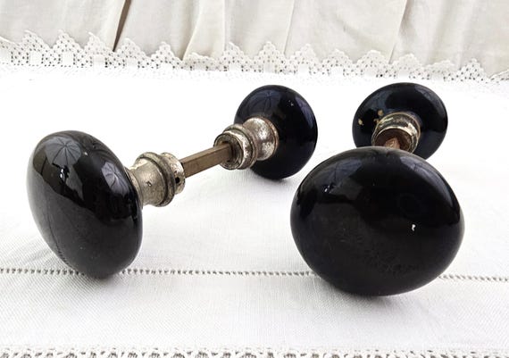 2 Sets of 2 Antique French Round Black Ceramic Pottery Door Handles, Victorian Home Improvement France, Parisian Porcelain China Fixture Set