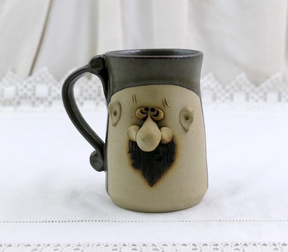 Vintage Handmade Stoneware Ugly Mug with a Beard, Retro Artisan Studio Pottery Coffee Cup With a 3 D Face, Comical Fun Ceramic Tea Cup
