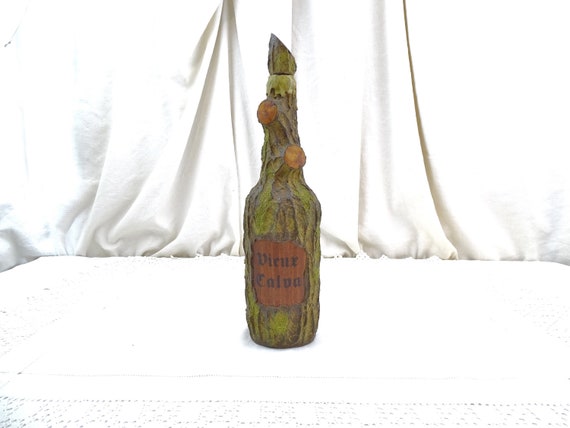 French Vintage Curio Bottle Shaped as a Wooden Log Original for Old Calavados Drink, Retro Unusual Sprit Bottle from Normandy France