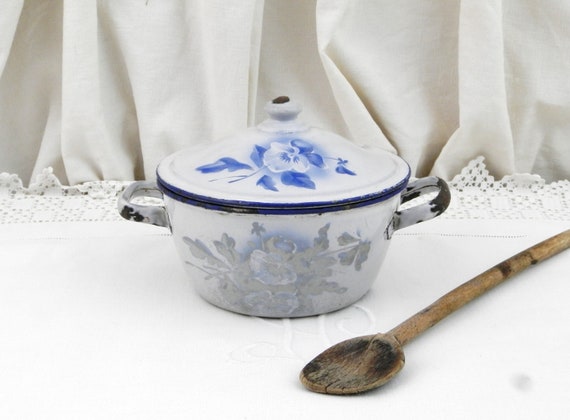 Small Antique French Chippy Blue and White Enamelware Lidded Bowl with Side Handles, Shabby Farmhouse Enamel Serving Dish, Brocante Decor