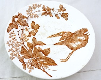 Comporteira antiga francesa Longwy em faiança com padrão de pássaros em marrom, suporte para bolo/fruteira com pedestal em estilo retrô chique.