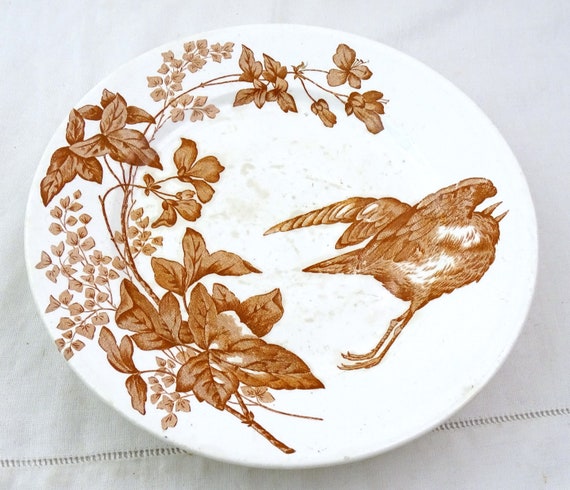 Antique French Longwy ironstone Pottery Comport Dish with Bird Pattern in Brown, Retro Chic Pedestal Cake Stand / Fruit Bowl China Taza Bowl