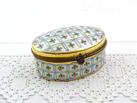 Large Vintage French Hand Painted Oval Porcelain China Pill Box with Gold and Pink Rose Classical Pattern, Limoges Collectible Container