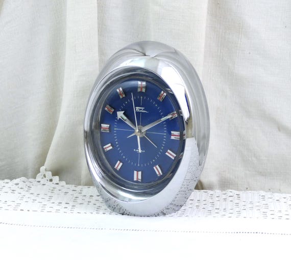Vintage Working Mid Century 1960s Silver Egg Shaped Mechanical 2 Jewels Wind Up Alarm Clock by Fashion, 60 Japanese Oval Clock Blue Face