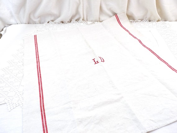 Large Antique Woven Cotton Tea Towel with 2 Red Bands and Monogram LD in the Middle, Vintage Farmhouse Grain Sac Style Kitchen Item France