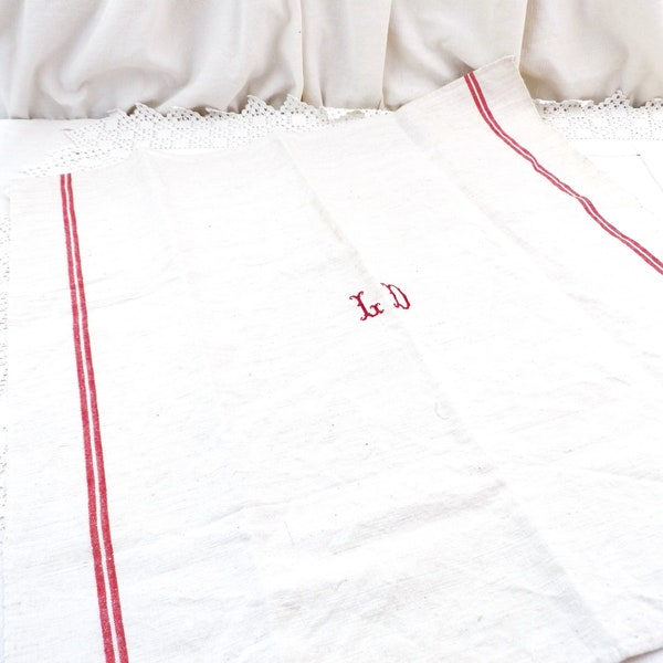 Large Antique Woven Cotton Tea Towel with 2 Red Bands and Monogram LD in the Middle, Vintage Farmhouse Grain Sac Style Kitchen Item France