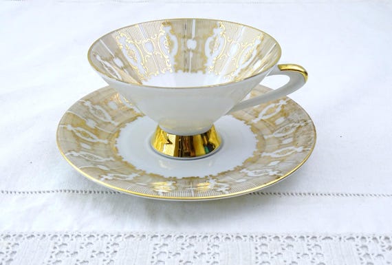 Vintage Mid Century German Mitterteich Bavaria Cup and Saucer with Gold Pattern and Flowers, Retro Classy 1960s Tea Coffee Drinking Germany