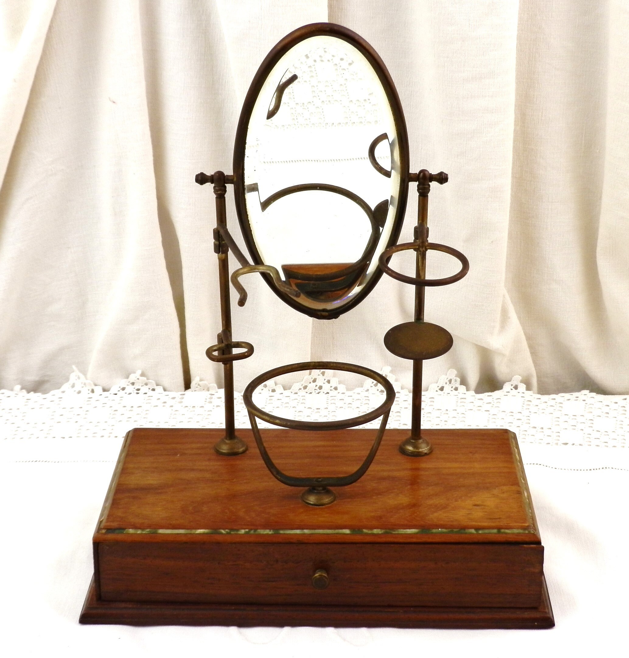 French Antique Shaving Stand With Movable Brass Parts Beveled Mirror and Small Draw, Retro