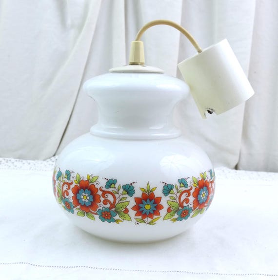 Vintage Mid Century White Opaline Pendant Light Shade Colorful Scandi Folk Design Style Pattern, Retro 60s Milk Glass Lighting Accessory