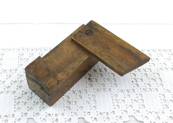 Small Antique French Primitive Wooden Secret Box, Retro Rustic Puzzle Box Made of Wood with Hidden Opening from France, Parisian Brocante