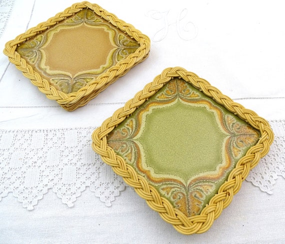 Set of 2 1960s Vintage French Ceramic Heat Mats with Woven Rattan Frame, A Couple of 1970s Pottery and Wicker of Table Trivets from France