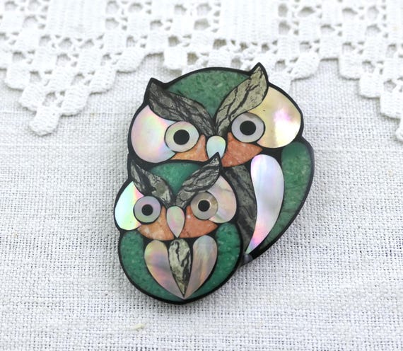 Vintage Hawaiian Lee Sands Mosaic Shell Pin 2 Owls Jewelry  handicraft LS jewelry