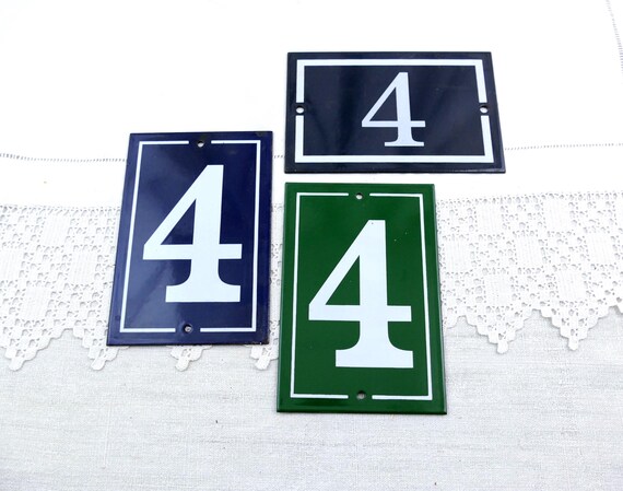 Vintage French Unused Enamelware Metal House Number 4 Blue and White or Green and White, Traditional  Old Style Address Street Sign France