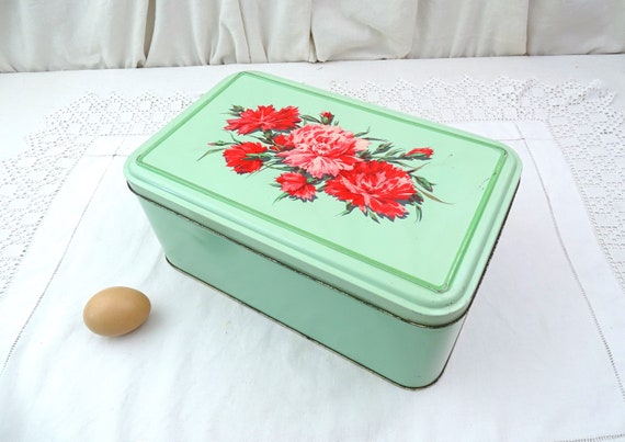 Large Vintage French 1950s Mint Green Promotional Metal Tin with Red Carnation Flower Pattern for Regibana Chocolates, Retro Decorative Box