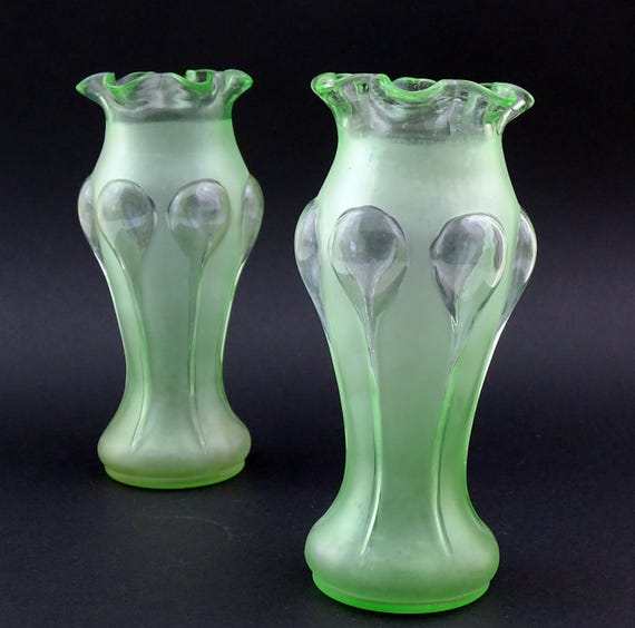 Pair of Antique Art Nouveau Green Glass Flower Vases with Ruffled Rims, Vintage Matching Floral Glassware Decorating Accessory from France