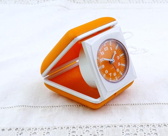 Vintage Mid Century Orange and White Working Mechanical Folding Alarm Clock with Orange Case, Travel Time Piece, Old Style Bedroom Decor