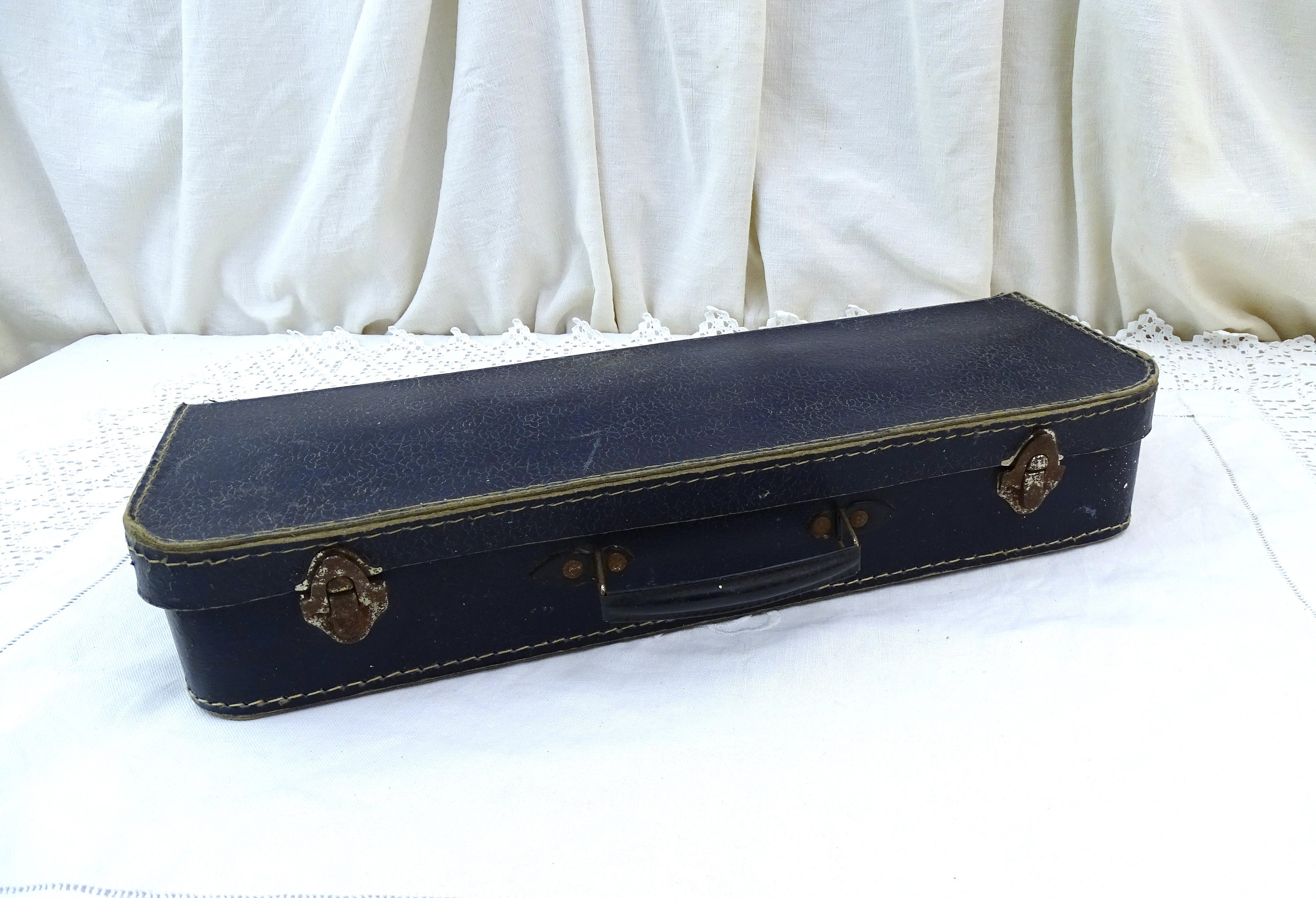 Long Thin Vintage French Dark Blue Cardboard Suitcase with Metal