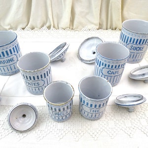 Antique French 6 Piece Enamel Canister Set in White with Blue Pattern and Lettering, Vintage Brocante Kitchen Enamelware Decor from France 画像 4