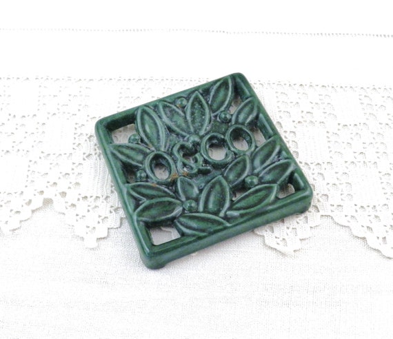 Small Square French Antique Green Enamel Trivet by O&Co with Foliage, Vintage Collectible Porcelain Enamelware from France, Country Decor