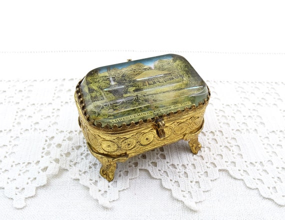 Small French Antique Beveled Glass Lidded Jewelry Box with Black and White Photograph of Sarrguemines Park, Vintage Victorian Curio Box