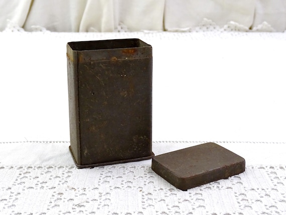 Small Antique French Rectangular Metal Tin with Dark Patina, Little Vintage Storage Container made of Gray Metal, Farmhouse Primitive Decor