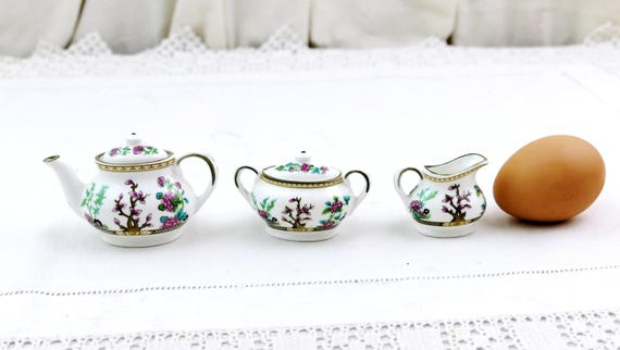 Vintage English Coalport Indian Range Bone China Dolls House Toy Tea Set With Teapot Creamer Sugar Bowl, Miniature Crockery Pottery England