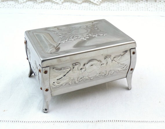 Vintage Polish Stainless Steel Rectangular Box with Embossed Eagles, Retro Silver Tone Metal Footed Container from Poland Eastern Europe