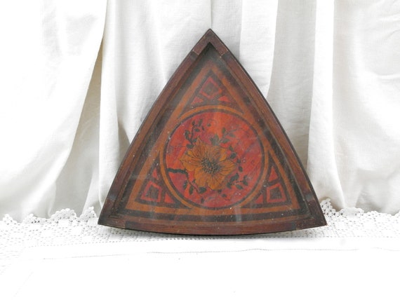 Vintage French Triangular Decorative Tray with Pyrograph Pattern and Glass Top Signed by Artist Faihy, Artisan Wood Work With Flower Design