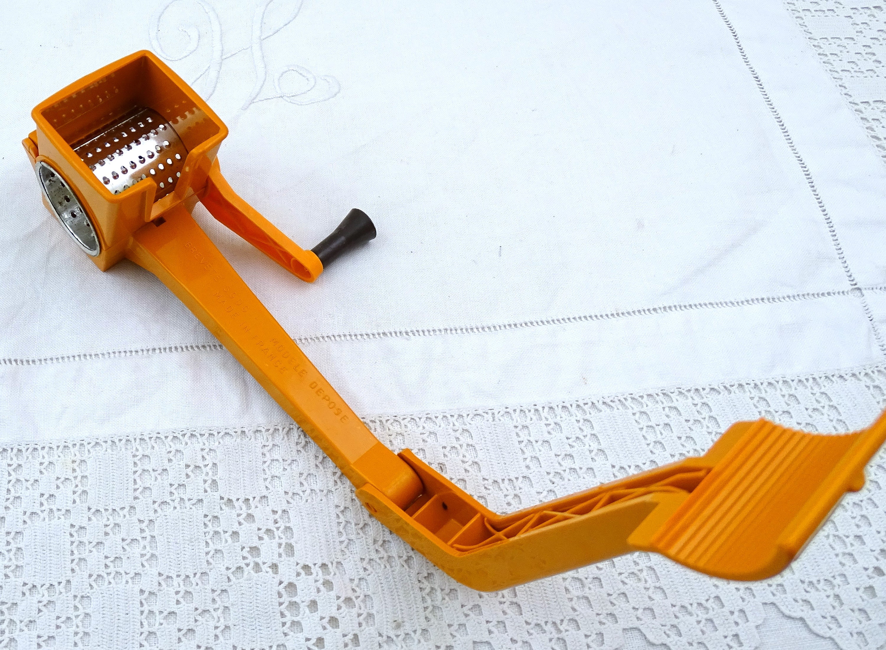 Vintage French Mid Century Orange Hand Held Cheese Grater, Retro