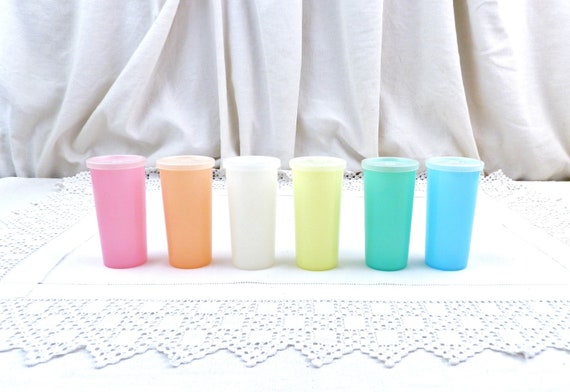 6 Vintage Pastel Colored Tupperware Small Beakers with Lids from the Millionaire Line, Six Retro Colorful Drinks Tumblers made in France