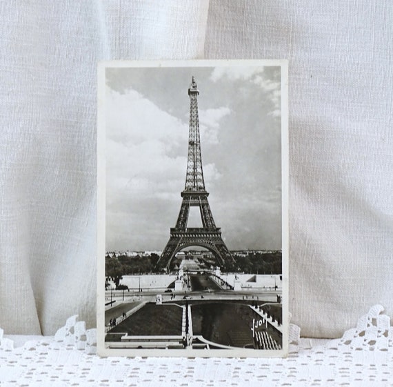 French Vintage 1950s Black and White Postcard of the Eiffel Tower in Paris, Retro Old Photograph of Famous Monument Paris , Brocante Decor