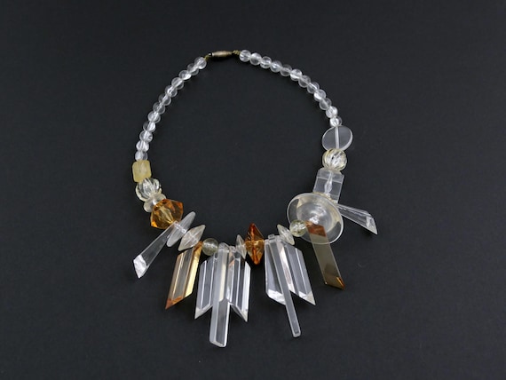 Vintage Lucite Necklace Clear Faceted Geometric Drops with Amber Sculptural Bib Retro Handmade Costume Jewelry 1970s 1980s