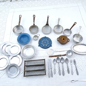 Vintage French Dolls Play Dinner Set with Enamel Trivet, Cutlery and Cast Iron Cooking Pot, Retro Childs Pretend Kitchen Toys, Kids Playing