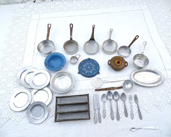 Vintage French Dolls Play Dinner Set with Enamel Trivet, Cutlery and Cast Iron Cooking Pot, Retro Childs Pretend Kitchen Toys, Kids Playing