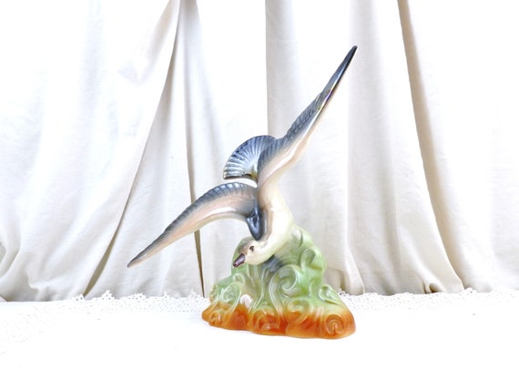 French Vintage Art Deco Ceramic Statue of Flying Seagull Above the Waves, Pottery Sea Bird Sculpture from France, 1930s Animal Figurine