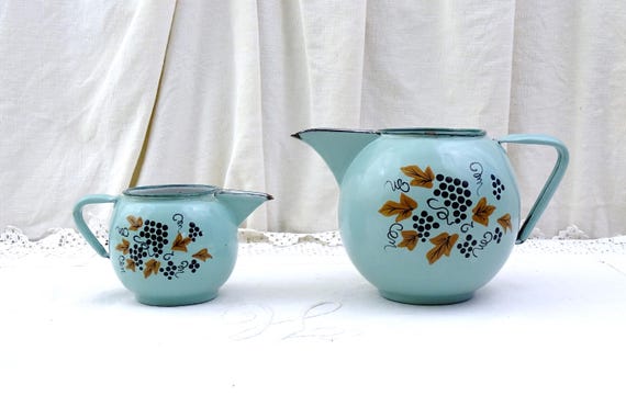 Antique French Set of Pale Turquoise Green Hand Painted Enamelware Set of 2  Pitcher, Mint Green Enameled Metal Jugs France Grape Pattern