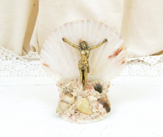 Vintage French Shell Religious Sculpture with Jesus Crucifix, Catholic Religion Home Shellware Statue from France, Unusual Christian Gift