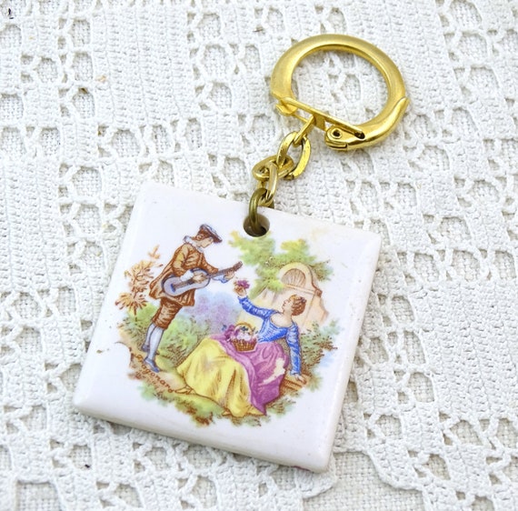 Vintage French Key Chain with Small Square Pottery Tile Decorated with Romantic Couple Promotional Gift for Fruit Confits L Breton, Key Ring