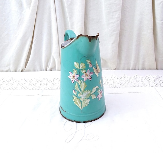 Antique French Early Example of Enamelware Pitcher in Turquoise Blue with Handpainted  Flower and Butterfly Pattern, Vintage Enamel Jug