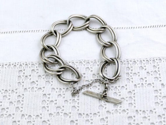 Large Vintage Chucky Double Chain Silver Alloy Bracelet Vintage Made in Stéif Algeria, North African Contemporary Precious Metals Jewelry